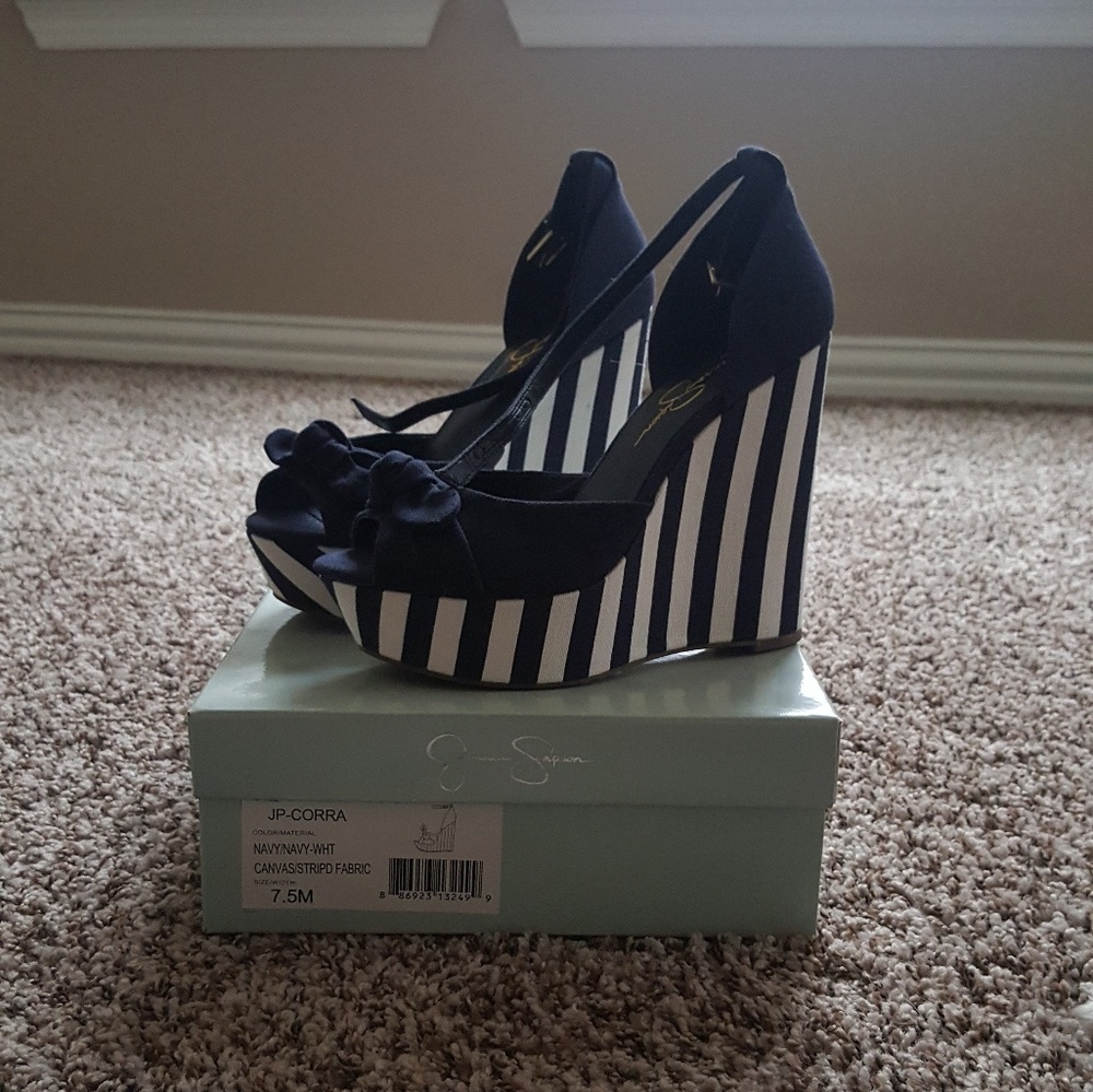 Jessica Simpson  blue striped wedges with bow